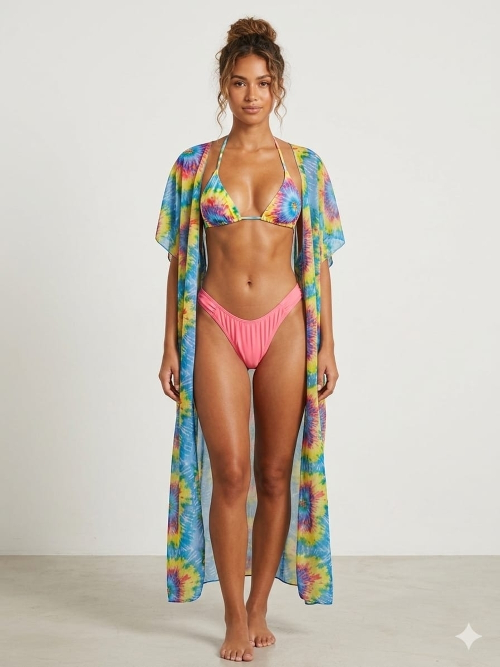 Tie-Dye Cover-Up Kimono with Pink Bikini Set